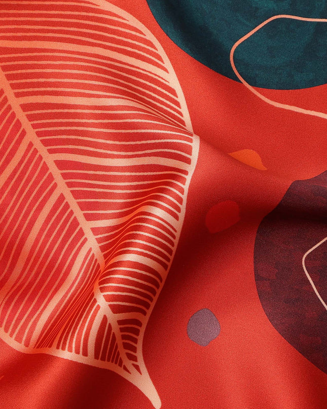 Red Pure Silk Satin Fabric with Abstract Leaf and Geometric Print, 140 Cms Width, South Korea-D25360