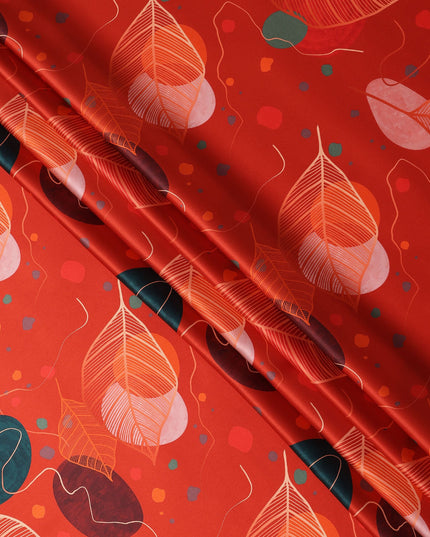Red Pure Silk Satin Fabric with Abstract Leaf and Geometric Print, 140 Cms Width, South Korea-D25360