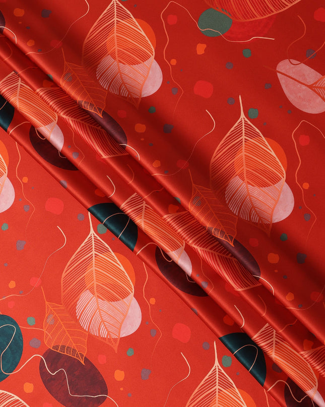 Red Pure Silk Satin Fabric with Abstract Leaf and Geometric Print, 140 Cms Width, South Korea-D25360