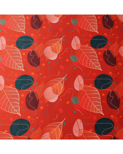 Red Pure Silk Satin Fabric with Abstract Leaf and Geometric Print, 140 Cms Width, South Korea-D25360