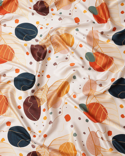 White Pure Silk Satin Fabric with Abstract Leaf and Geometric Print, 140 Cms Width, South Korea-D25361