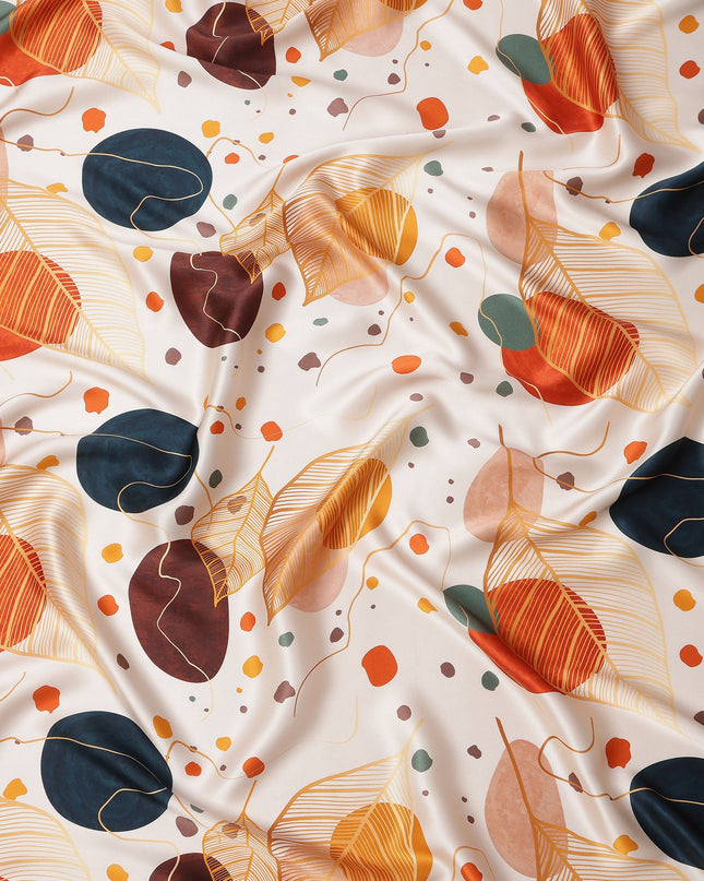 White Pure Silk Satin Fabric with Abstract Leaf and Geometric Print, 140 Cms Width, South Korea-D25361