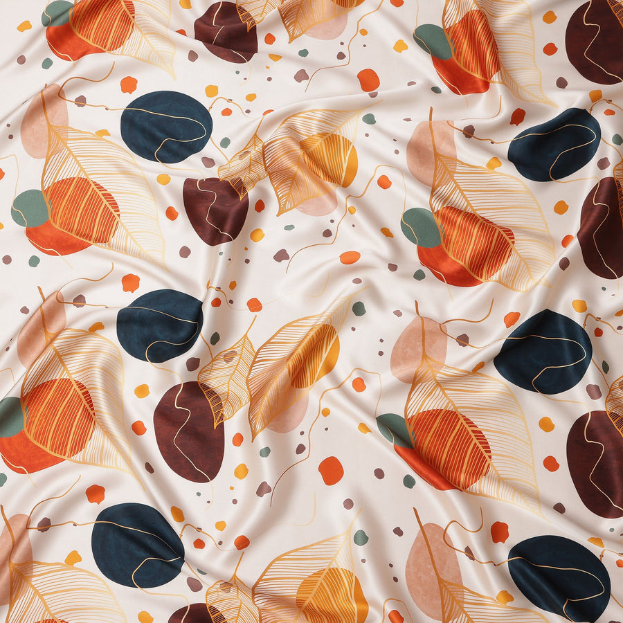 White Pure Silk Satin Fabric with Abstract Leaf and Geometric Print, 140 Cms Width, South Korea-D25361