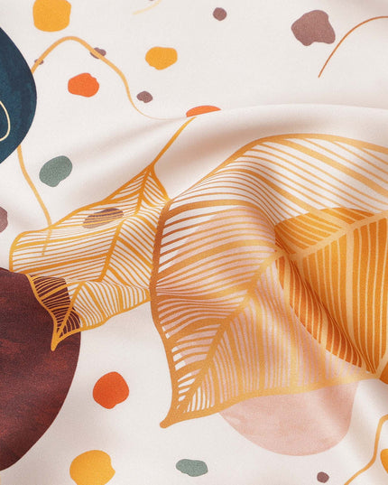 White Pure Silk Satin Fabric with Abstract Leaf and Geometric Print, 140 Cms Width, South Korea-D25361