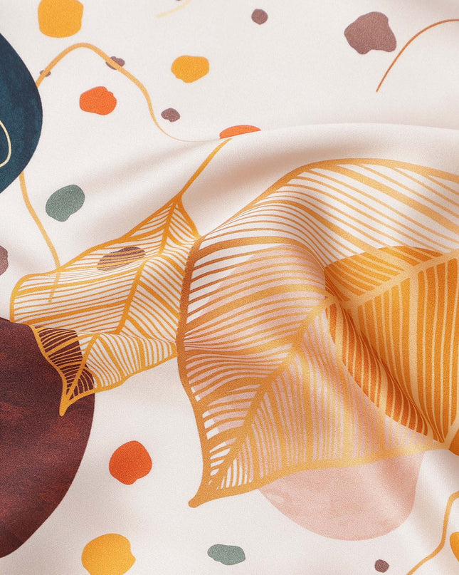 White Pure Silk Satin Fabric with Abstract Leaf and Geometric Print, 140 Cms Width, South Korea-D25361