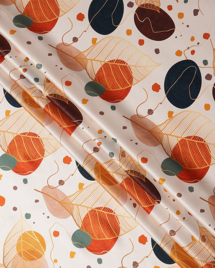 White Pure Silk Satin Fabric with Abstract Leaf and Geometric Print, 140 Cms Width, South Korea-D25361