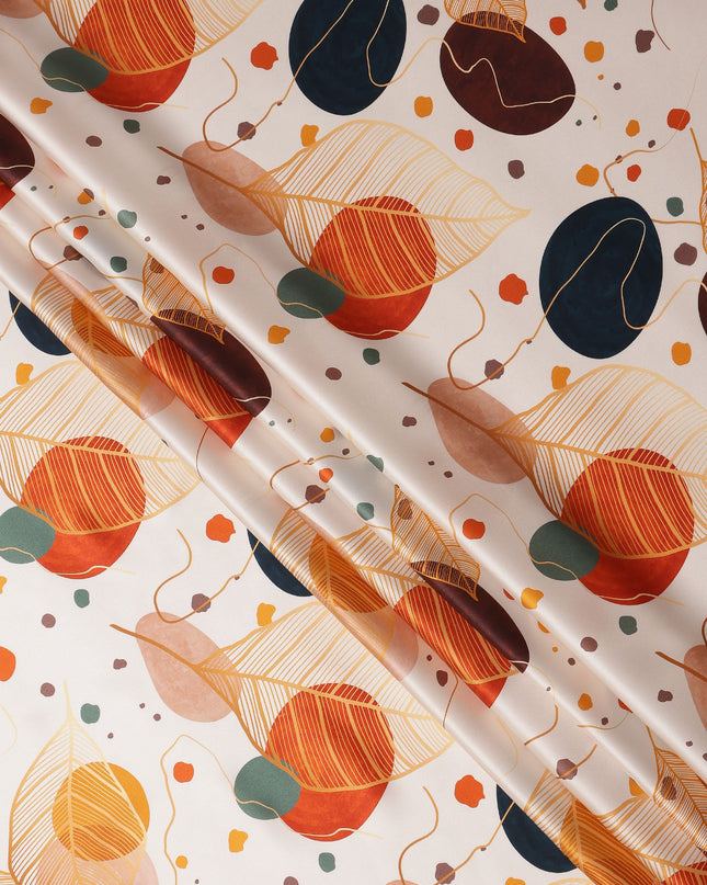 White Pure Silk Satin Fabric with Abstract Leaf and Geometric Print, 140 Cms Width, South Korea-D25361