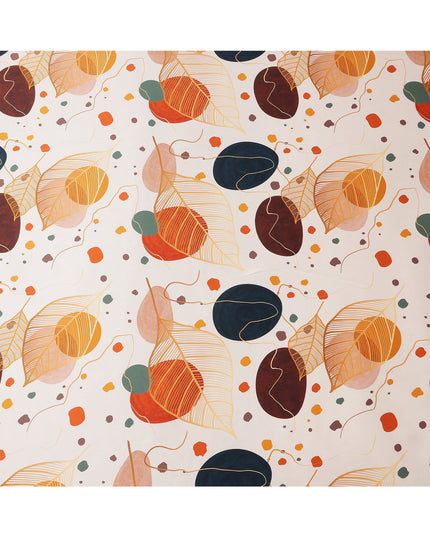 White Pure Silk Satin Fabric with Abstract Leaf and Geometric Print, 140 Cms Width, South Korea-D25361