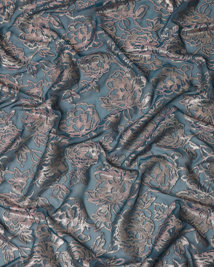 Teal Blue Floral Silk Chiffon Garbasaar Metallic Lurex