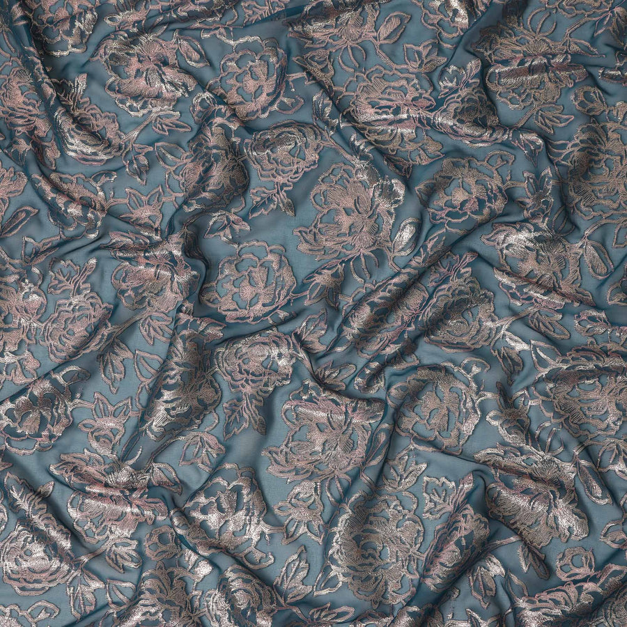 Teal Blue Floral Silk Chiffon Garbasaar Metallic Lurex