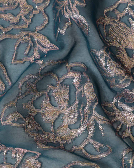 Teal Blue Floral Silk Chiffon Garbasaar Metallic Lurex