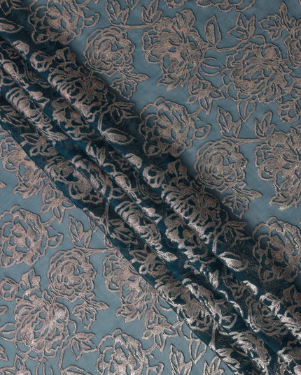 Teal Blue Floral Silk Chiffon Garbasaar Metallic Lurex