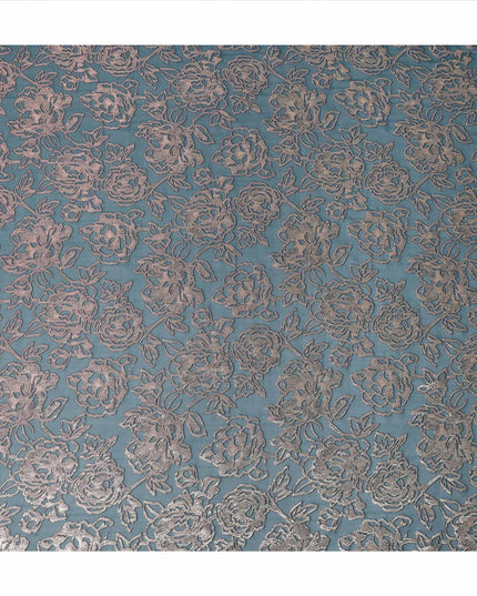 Teal Blue Floral Silk Chiffon Garbasaar Metallic Lurex