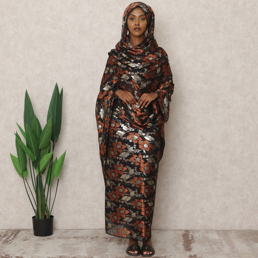 ثوب سوداني تقليدي أسود، مصنوع من قماش شيفون حرير نقي بطول 4.5 متر وقماش لوركس معدني مزهر، عرض 140 سم، صنع في كوريا الجنوبية - D24496