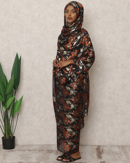 ثوب سوداني تقليدي أسود، مصنوع من قماش شيفون حرير نقي بطول 4.5 متر وقماش لوركس معدني مزهر، عرض 140 سم، صنع في كوريا الجنوبية - D24496