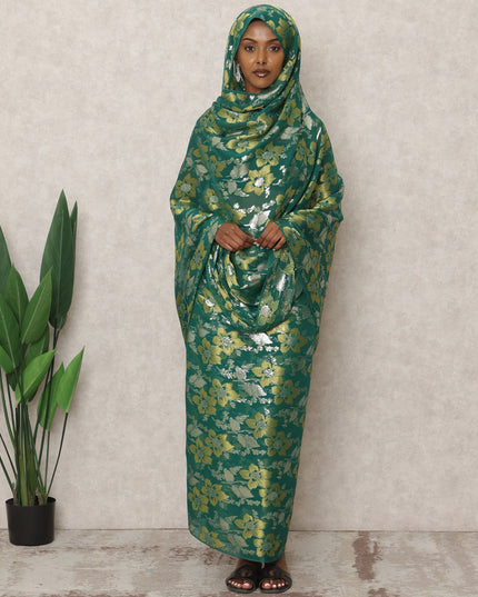 ثوب سوداني تقليدي أخضر، مصنوع من قماش شيفون حرير نقي بطول 4.5 متر وقماش لوركس معدني مزهر، عرض 140 سم، صنع في كوريا الجنوبية - D24497