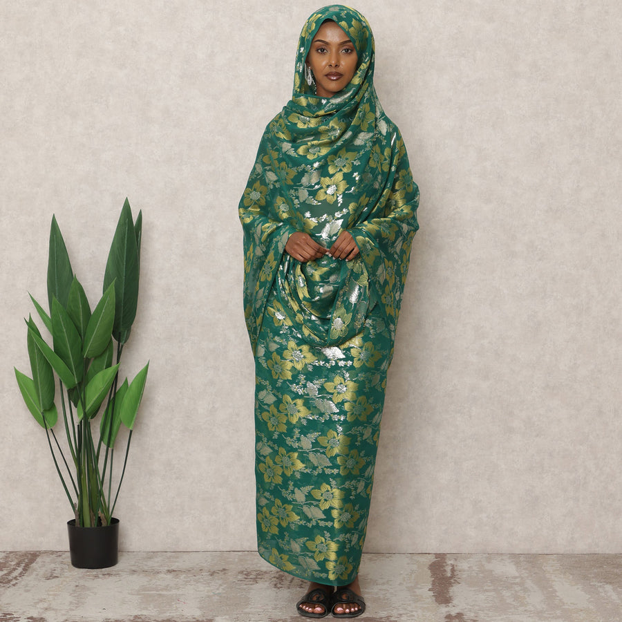 ثوب سوداني تقليدي أخضر، مصنوع من قماش شيفون حرير نقي بطول 4.5 متر وقماش لوركس معدني مزهر، عرض 140 سم، صنع في كوريا الجنوبية - D24497