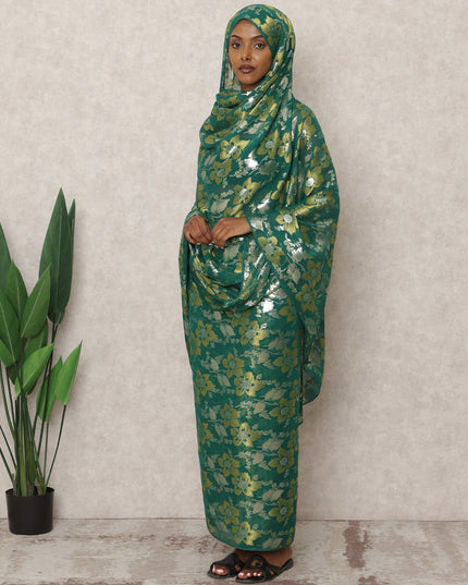 ثوب سوداني تقليدي أخضر، مصنوع من قماش شيفون حرير نقي بطول 4.5 متر وقماش لوركس معدني مزهر، عرض 140 سم، صنع في كوريا الجنوبية - D24497