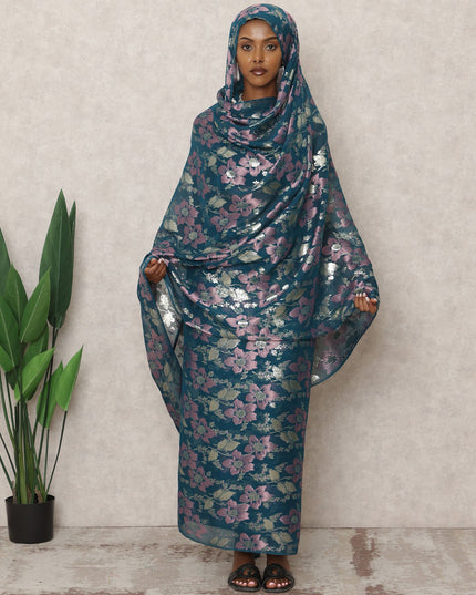 ثوب سوداني تقليدي أزرق مخضر، مصنوع من شيفون حرير نقي بطول 4.5 متر وقماش لوركس معدني مزهر، عرض 140 سم، صنع في كوريا الجنوبية - D24498