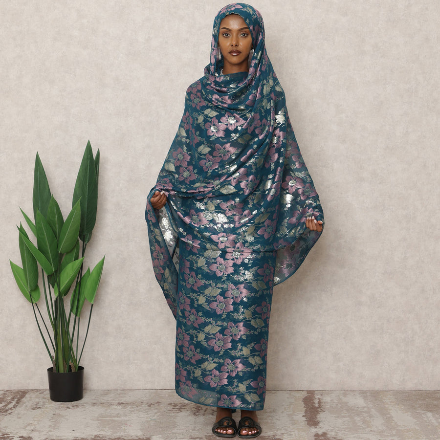 ثوب سوداني تقليدي أزرق مخضر، مصنوع من شيفون حرير نقي بطول 4.5 متر وقماش لوركس معدني مزهر، عرض 140 سم، صنع في كوريا الجنوبية - D24498