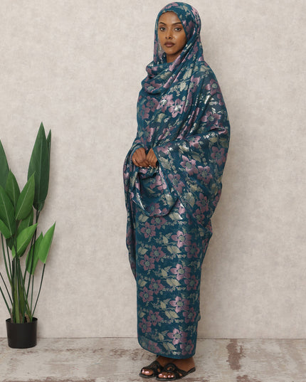 ثوب سوداني تقليدي أزرق مخضر، مصنوع من شيفون حرير نقي بطول 4.5 متر وقماش لوركس معدني مزهر، عرض 140 سم، صنع في كوريا الجنوبية - D24498