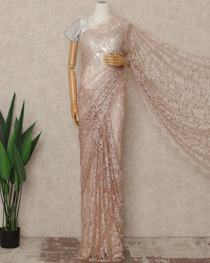 Blush Peach Premium French Chantilly Saree Lace Fabric 110 Cms Width 5.5 Meters Piece Elegant Floral Net Lace From France For Designer Sarees And Couture Draping-D27689