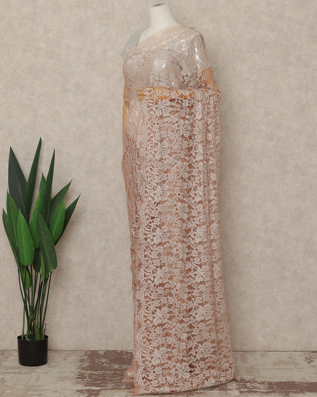 Blush Peach Premium French Chantilly Saree Lace Fabric 110 Cms Width 5.5 Meters Piece Elegant Floral Net Lace From France For Designer Sarees And Couture Draping-D27689