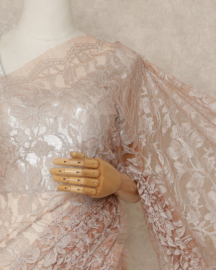 Blush Peach Premium French Chantilly Saree Lace Fabric 110 Cms Width 5.5 Meters Piece Elegant Floral Net Lace From France For Designer Sarees And Couture Draping-D27689