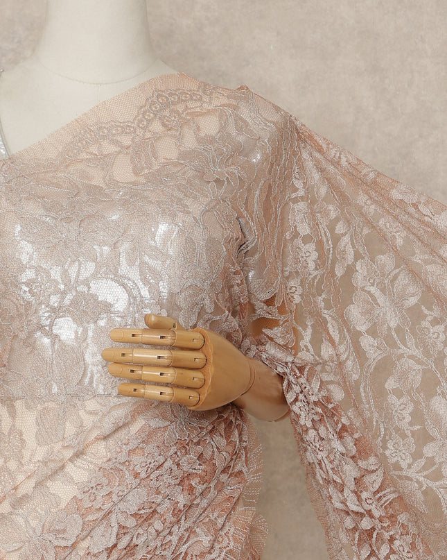 Blush Peach Premium French Chantilly Saree Lace Fabric 110 Cms Width 5.5 Meters Piece Elegant Floral Net Lace From France For Designer Sarees And Couture Draping-D27689