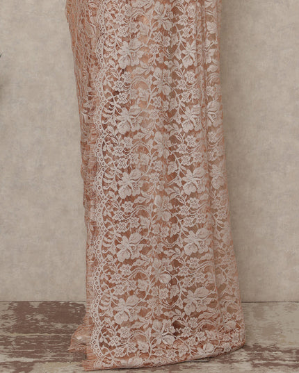 Blush Peach Premium French Chantilly Saree Lace Fabric 110 Cms Width 5.5 Meters Piece Elegant Floral Net Lace From France For Designer Sarees And Couture Draping-D27689