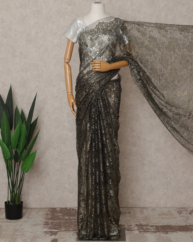 Black Gold Premium French Metallic Chantilly Lace Saree – 5.5 Meters Length, 110 Cms Width, Crafted in France-D26117