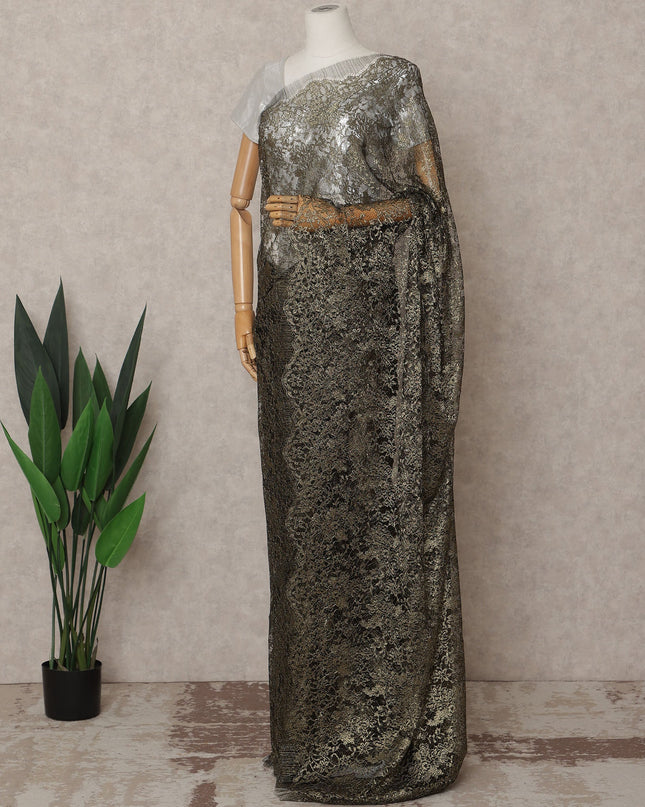 Black Gold Premium French Metallic Chantilly Lace Saree – 5.5 Meters Length, 110 Cms Width, Crafted in France-D26117
