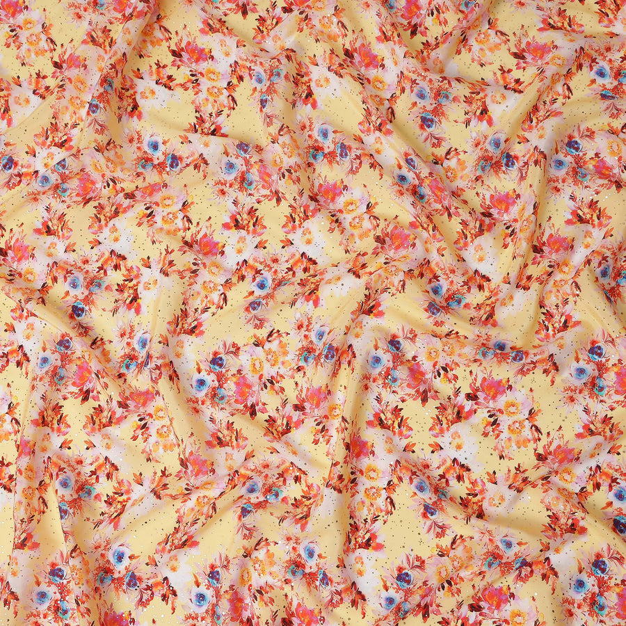 Yellow Floral Gold Dot Viscose Crepe 110cm