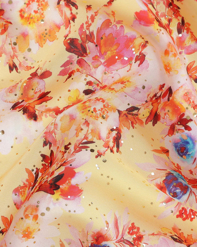 Yellow Floral Gold Dot Viscose Crepe 110cm