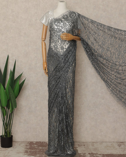Charcoal Grey Premium French Chantilly Saree Lace With Stone Work 110 Cms Width 5.5 Meters Piece Elegant Floral Net Lace From France-D27695