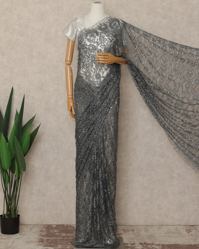 Charcoal Grey Premium French Chantilly Saree Lace With Stone Work 110 Cms Width 5.5 Meters Piece Elegant Floral Net Lace From France-D27695