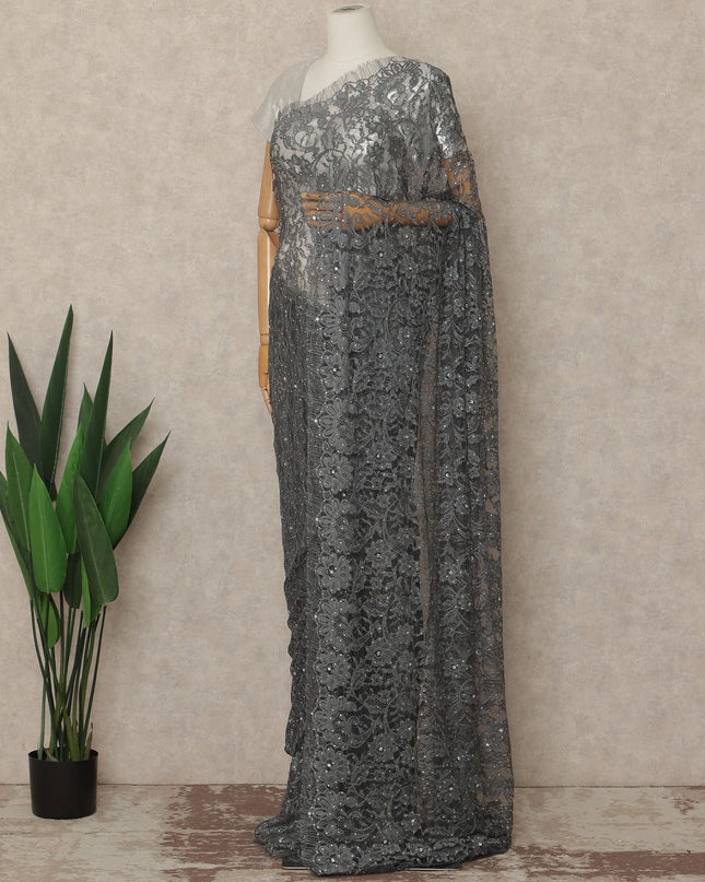 Charcoal Grey Premium French Chantilly Saree Lace With Stone Work 110 Cms Width 5.5 Meters Piece Elegant Floral Net Lace From France-D27695