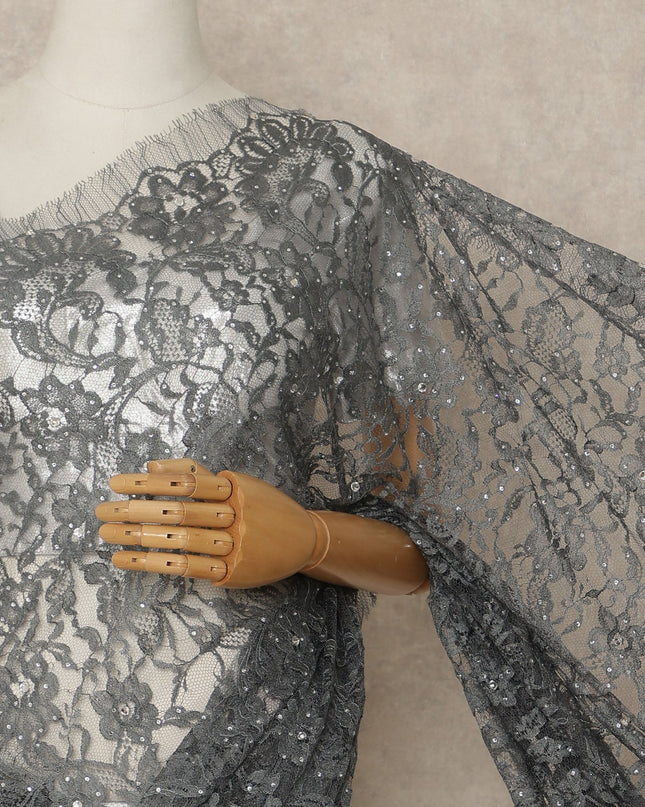 Charcoal Grey Premium French Chantilly Saree Lace With Stone Work 110 Cms Width 5.5 Meters Piece Elegant Floral Net Lace From France-D27695