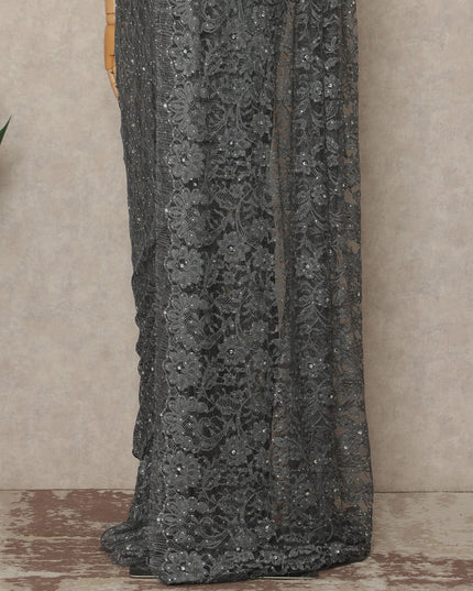 Charcoal Grey Premium French Chantilly Saree Lace With Stone Work 110 Cms Width 5.5 Meters Piece Elegant Floral Net Lace From France-D27695