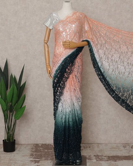 Peach and Teal Premium French Ombre Chantilly Lace Saree with Stone Work – 5.5 Meters Length, 110 Cms Width, Crafted in France-D26104