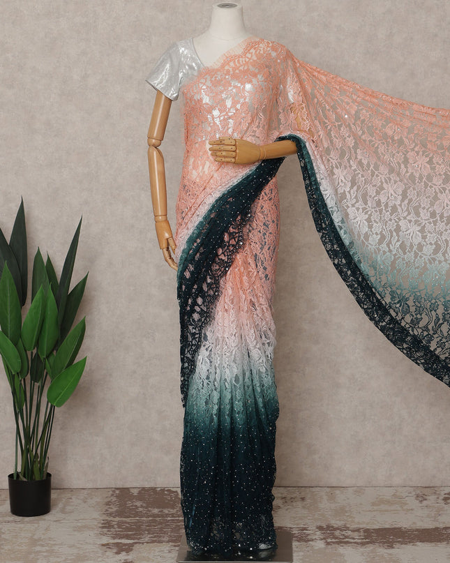 Peach and Teal Premium French Ombre Chantilly Lace Saree with Stone Work – 5.5 Meters Length, 110 Cms Width, Crafted in France-D26104