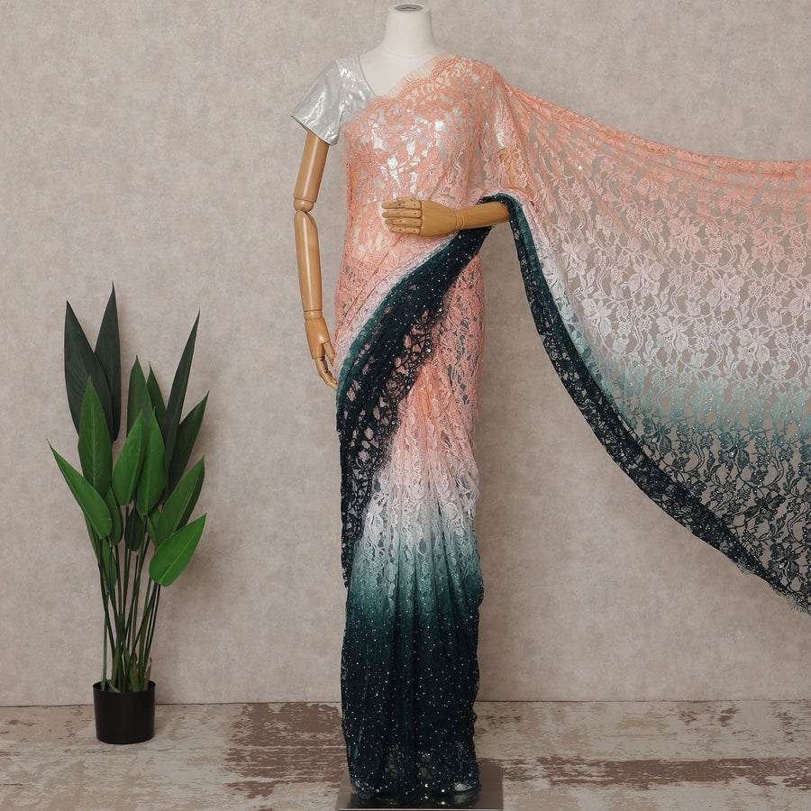 Peach and Teal Premium French Ombre Chantilly Lace Saree with Stone Work – 5.5 Meters Length, 110 Cms Width, Crafted in France-D26104