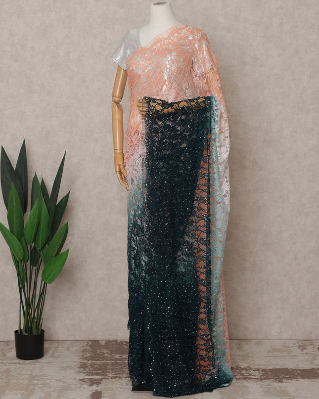 Peach and Teal Premium French Ombre Chantilly Lace Saree with Stone Work – 5.5 Meters Length, 110 Cms Width, Crafted in France-D26104