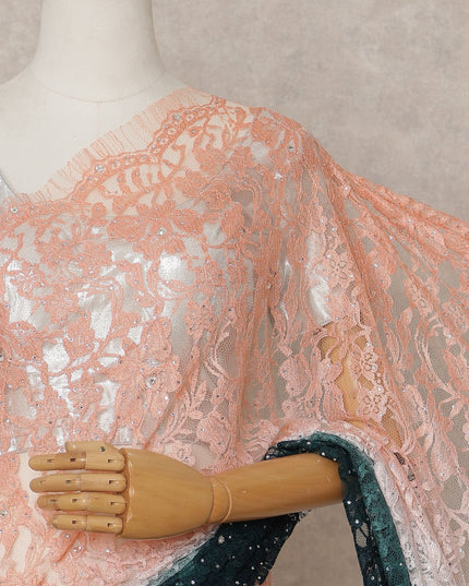 Peach and Teal Premium French Ombre Chantilly Lace Saree with Stone Work – 5.5 Meters Length, 110 Cms Width, Crafted in France-D26104