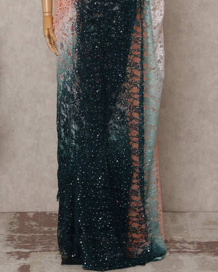 Peach and Teal Premium French Ombre Chantilly Lace Saree with Stone Work – 5.5 Meters Length, 110 Cms Width, Crafted in France-D26104