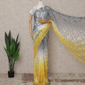 Grey and Yellow Premium French Ombre Chantilly Lace Saree with Stone Work – 5.5 Meters Length, 110 Cms Width, Crafted in France-D26108