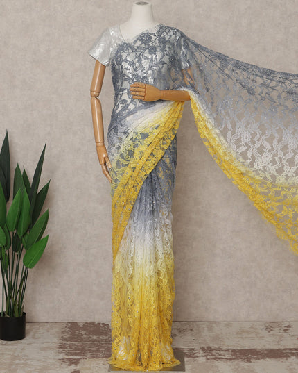 Grey and Yellow Premium French Ombre Chantilly Lace Saree with Stone Work – 5.5 Meters Length, 110 Cms Width, Crafted in France-D26108