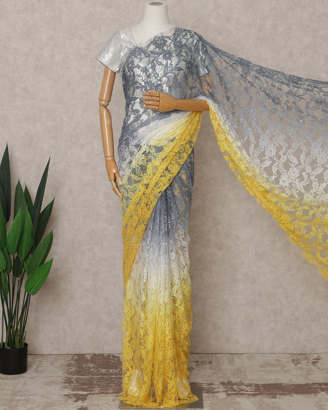 Grey and Yellow Premium French Ombre Chantilly Lace Saree with Stone Work – 5.5 Meters Length, 110 Cms Width, Crafted in France-D26108