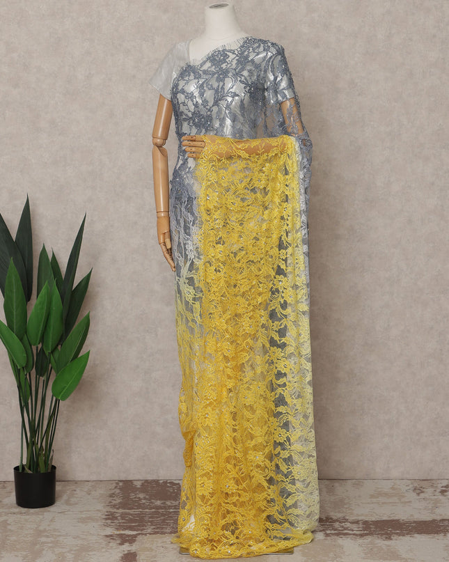 Grey and Yellow Premium French Ombre Chantilly Lace Saree with Stone Work – 5.5 Meters Length, 110 Cms Width, Crafted in France-D26108