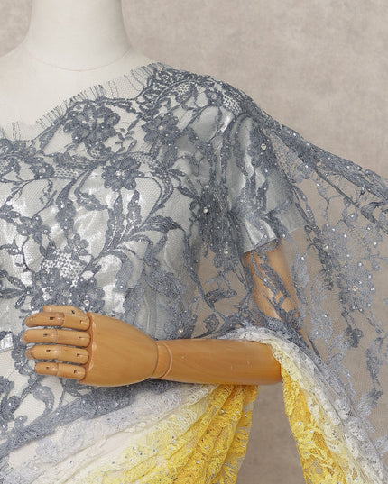 Grey and Yellow Premium French Ombre Chantilly Lace Saree with Stone Work – 5.5 Meters Length, 110 Cms Width, Crafted in France-D26108